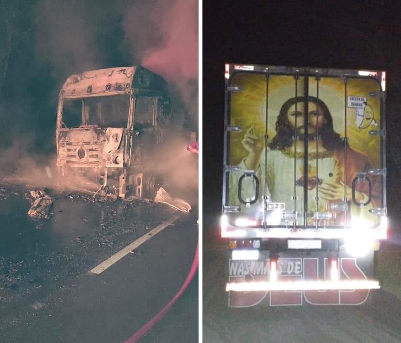 IMAGEM DE JESUS CRISTO FICA INTACTA APÓS INCÊNDIO DESTRUIR CARRETA NA PR 487 NO PR