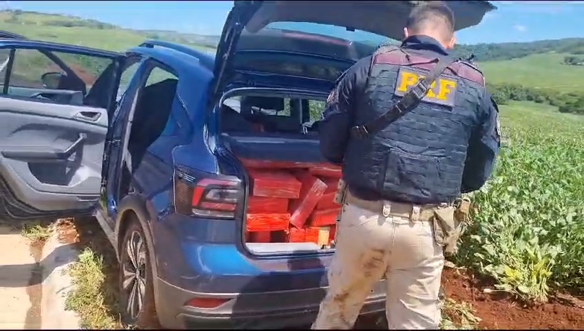 PRF APREENDE QUASE MEIA TONELADA DE MACONHA EM CARRO ROUBADO NA PR-090 EM SERTANÓPOLIS 